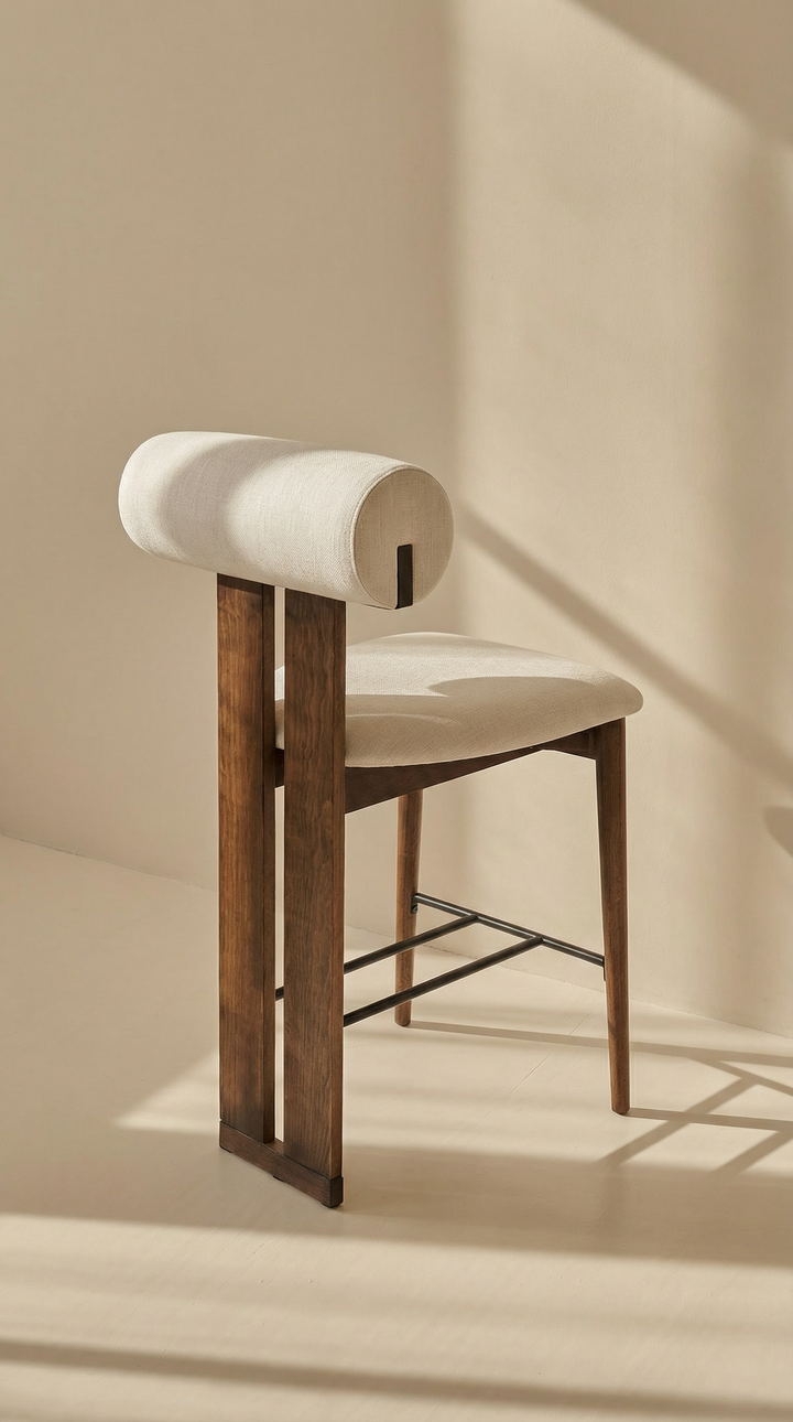 Mokani Japandi Barkruk van Massief Hout met Stoffen Zitting – Minimalistisch & Comfortabel