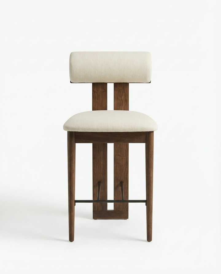 Mokani Japandi Barkruk van Massief Hout met Stoffen Zitting – Minimalistisch & Comfortabel