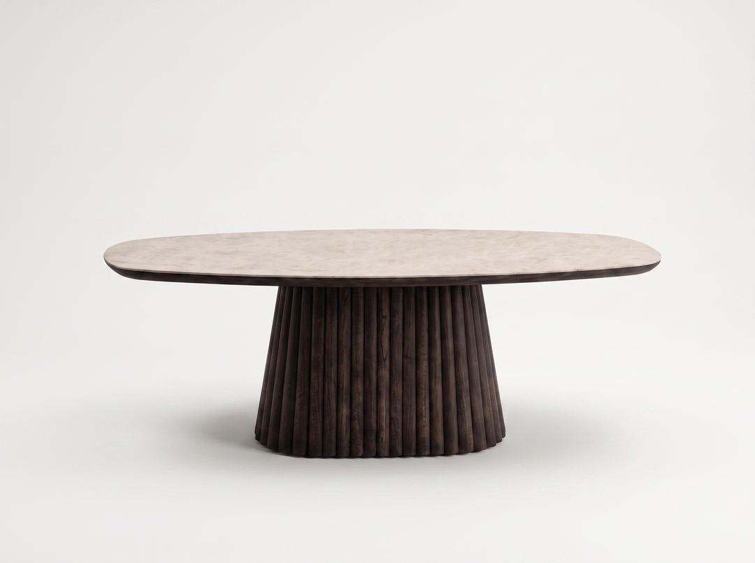 Mokani Taj Mahal eettafel met Deens ovaal keramisch tafelblad en donker houten middenpoot
