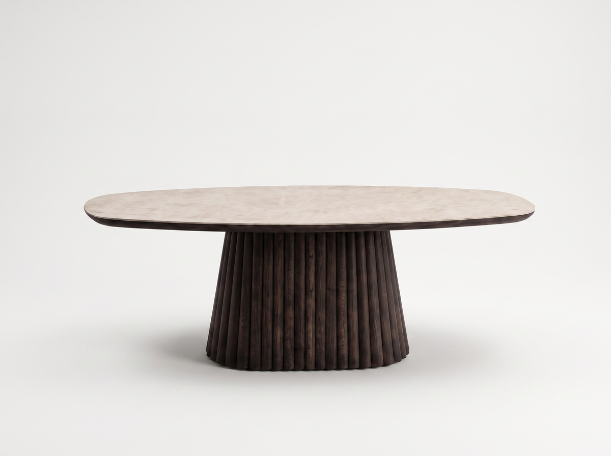 Mokani Taj Mahal eettafel met Deens ovaal keramisch tafelblad en donker houten middenpoot