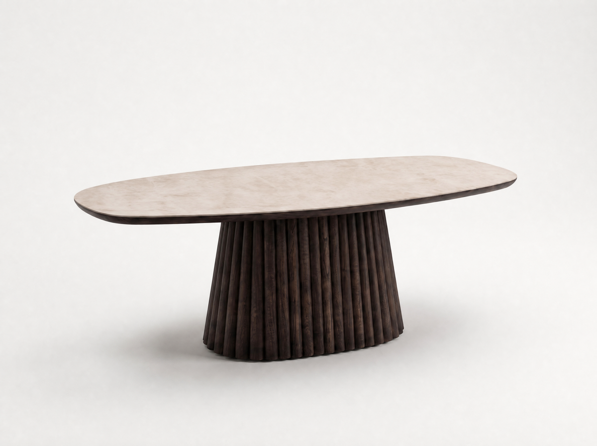 Mokani Taj Mahal eettafel met geribbelde conische middenpoot in donker hout