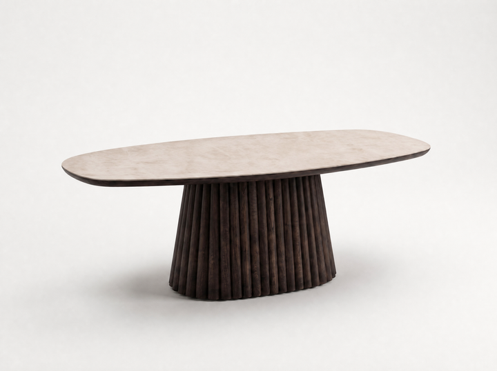 Mokani Taj Mahal eettafel met geribbelde conische middenpoot in donker hout